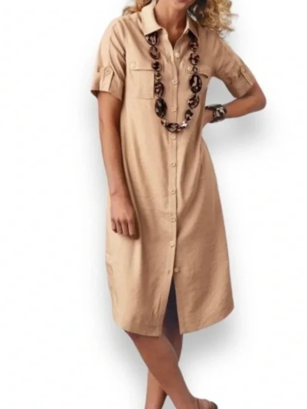 Soft Surroundings Women’s Tan Linen Blend Belted Safari Shirt Dress